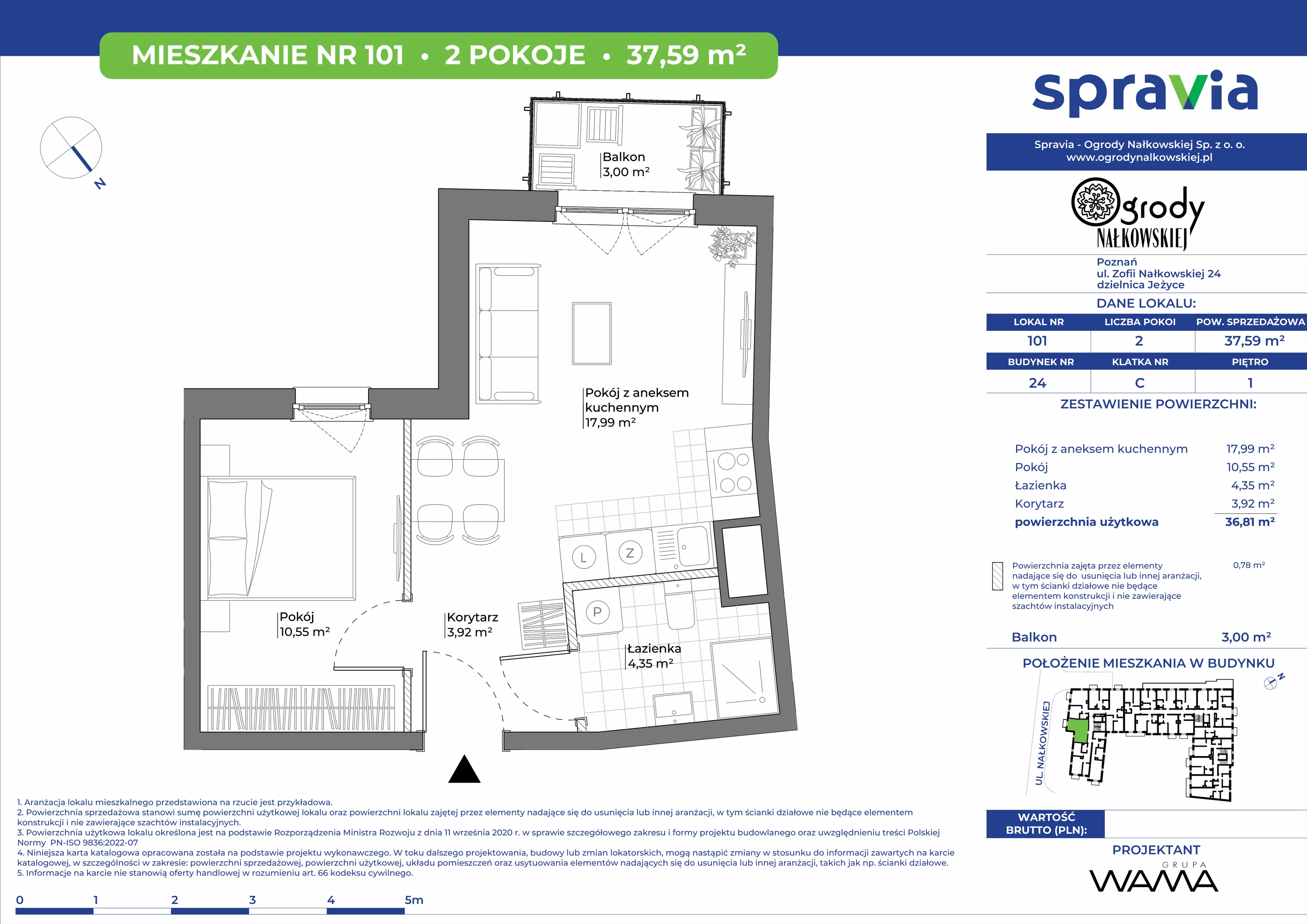 2 pokoje, mieszkanie 37,59 m², piętro 1, oferta nr 24-101, Ogrody Nałkowskiej, Poznań, Ogrody, ul. Nałkowskiej 24, 26